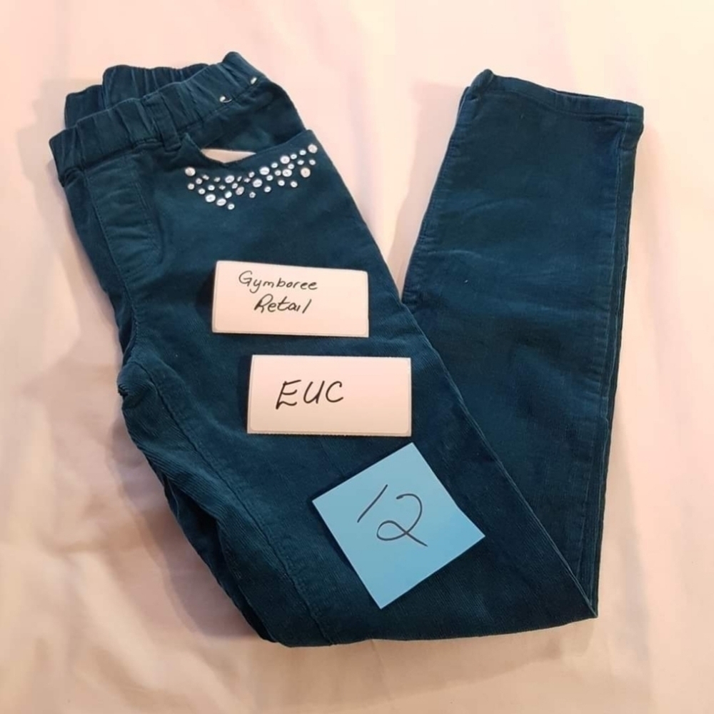 Gymboree girls size 12 dark teal pull on corduroy pants, 4 pocket sequins VGUC